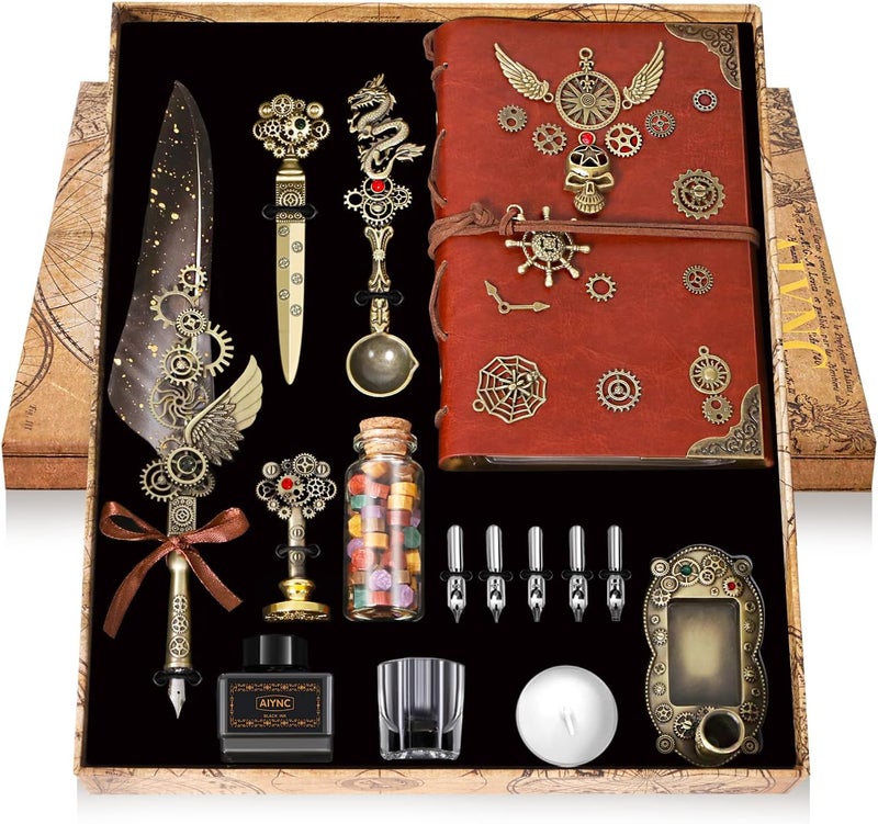 AIYNC Feather Pen Ink Set With Quill Pen, Notebook, 5 Replaceable Nibs, Seal Stamp, Spoon, Wax Beads, White Wax, Ink, Holder Cup, Envelope, Letter Paper, Envelope Tool(grey) - Image 1